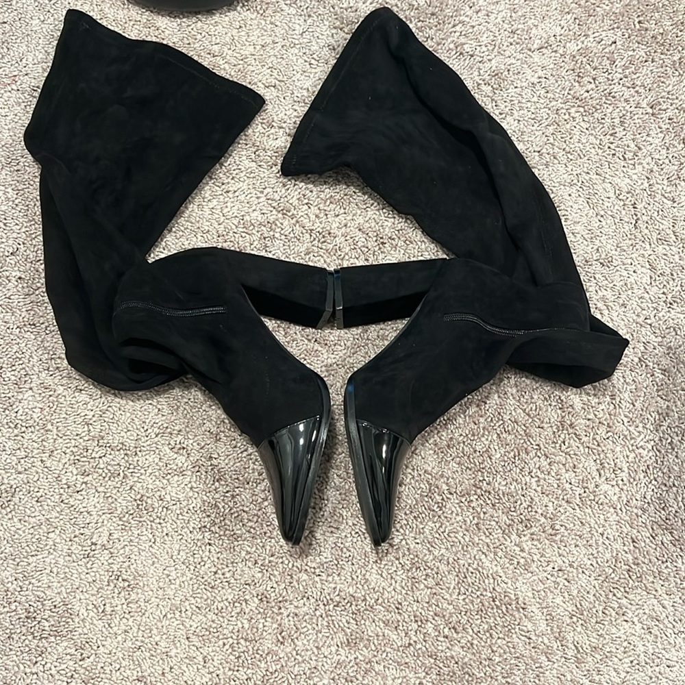 Black Block Heel Faux Suede/Patent Thigh High Sock Boot